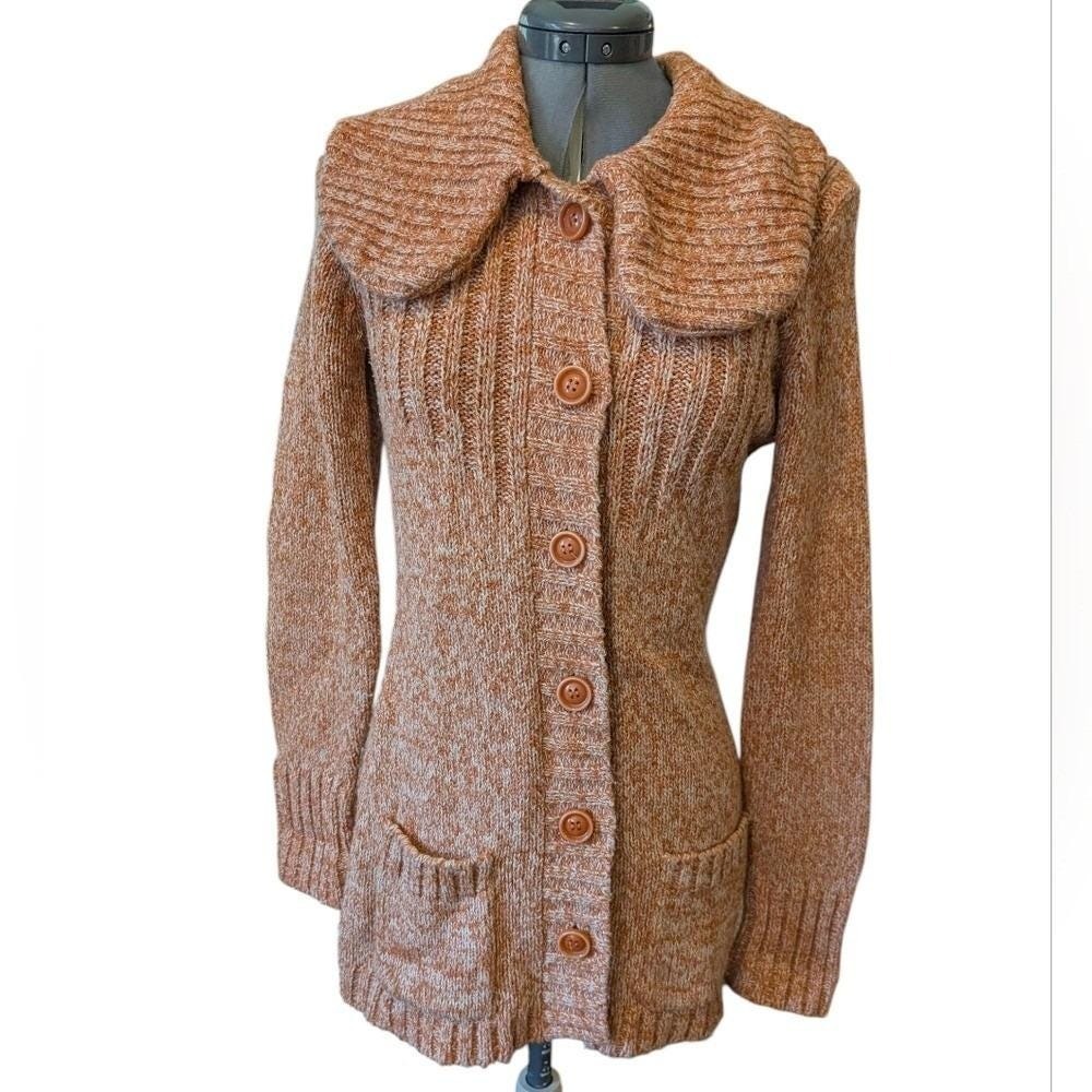 70s Vintage Tan Valentine Women's Knit Long Cardigan Sweater Platter Collar M